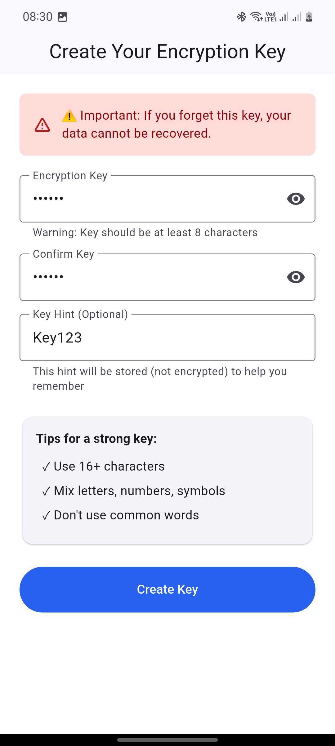 Master Encryption Key Setup Screen